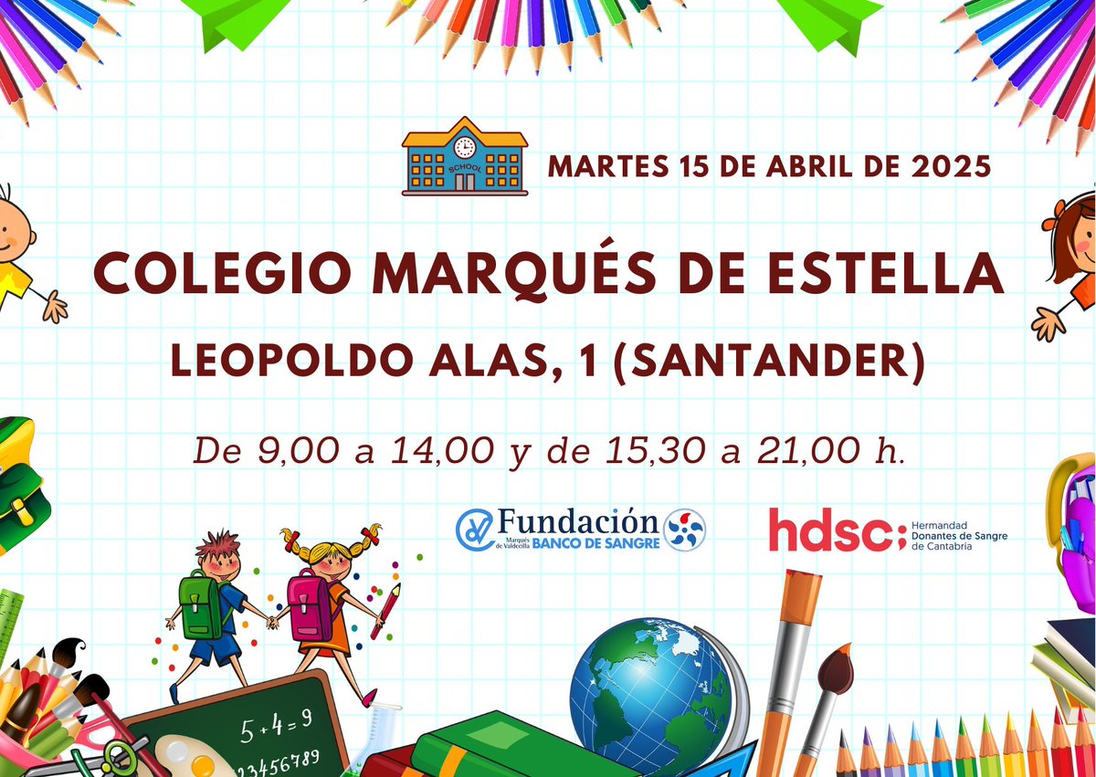 BANCO DE SANGRE DE CANTABRIA (@bscantabria) on Twitter photo Mañana, martes, nos acercamos hasta el
🏘️COLEGIO MARQUÉS DE ESTELLA en #SANTANDER
⏩Recuerda que, además de la unidad móvil, puedes acercarte al Pabellón 1⃣3⃣ del <a href="/HUnivValdecilla/">Hospital Universitario Marqués de Valdecilla</a>
⏰Horario: Lunes a viernes de 8:30 a 21:30 h.
🚗Parking #gratuito en #Valdecilla norte y sur Mañana, martes, nos acercamos hasta el
🏘️COLEGIO MARQUÉS DE ESTELLA en #SANTANDER
⏩Recuerda que, además de la unidad móvil, puedes acercarte al Pabellón 1⃣3⃣ del <a href="/HUnivValdecilla/">Hospital Universitario Marqués de Valdecilla</a>
⏰Horario: Lunes a viernes de 8:30 a 21:30 h.
🚗Parking #gratuito en #Valdecilla norte y sur