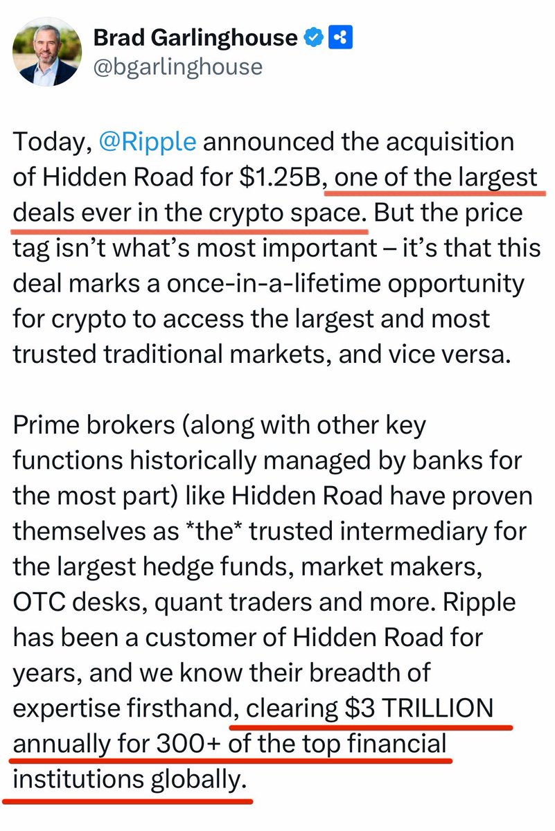 _Crypto_Barbie's tweet photo. 🚨 BREAKING:

LISTEN TO WHAT BRAD GARLINGHOUSE SAID ABOUT RIPPLE'S ACQUISITION OF HIDDEN ROAD: 

„THIS IS ONE OF THE LARGEST DEALS EVER IN THE CRYPTO SPACE. 

HIDDEN ROAD IS CLEARING $3 TRILLION ANNUALLY FOR 300+ OF THE TOP FINANCIAL INSTITUTIONS GLOBALLY!“ 💸 #XRP https://t.co/FeZdzRT3yF