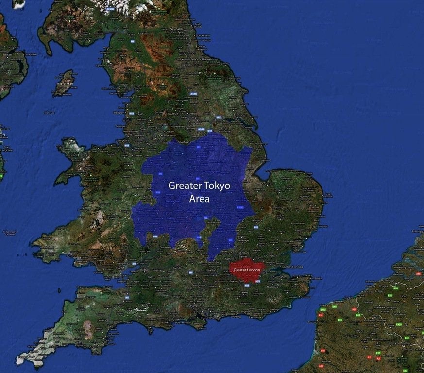 amazingmap's tweet photo. Greater Tokyo compared to Greater London https://t.co/plsOULBadb