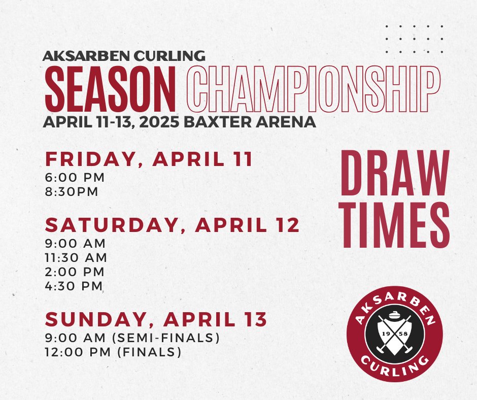 Aksarben Curling 🥌 (@curlaksarben) on Twitter photo Join us this weekend at <a href="/BaxterArena/">Baxter Arena</a> for Aksarben #Curling's Season Championship! 16 teams will compete to earn the Katie Beck Championship Cup🏆. The event will feature 12 fall and winter league champs, last year's season champion, the best college league team, and 2 wild cards. Join us this weekend at <a href="/BaxterArena/">Baxter Arena</a> for Aksarben #Curling's Season Championship! 16 teams will compete to earn the Katie Beck Championship Cup🏆. The event will feature 12 fall and winter league champs, last year's season champion, the best college league team, and 2 wild cards.