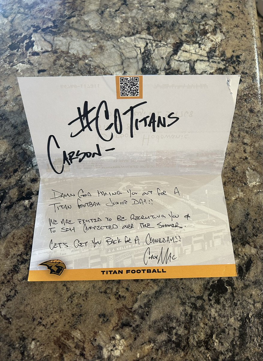 Carson Hodowanic (@chodowanic_) on Twitter photo Thanks a lot for the handwritten letter at <a href="/mclaganTITANS/">Matt McLagan || Coach Mac</a> Canโt wait to come back down!
<a href="/MJ_NFLDraft/">Mark Johnson</a> <a href="/PrepRedzoneWI/">Prep Redzone Wisconsin</a> <a href="/NCSA_Football/">NCSA_Football</a> <a href="/PeteyBananas/">Peter Jennings</a> <a href="/UWOFootball/">UW-Oshkosh Football</a> Thanks a lot for the handwritten letter at <a href="/mclaganTITANS/">Matt McLagan || Coach Mac</a> Canโt wait to come back down!
<a href="/MJ_NFLDraft/">Mark Johnson</a> <a href="/PrepRedzoneWI/">Prep Redzone Wisconsin</a> <a href="/NCSA_Football/">NCSA_Football</a> <a href="/PeteyBananas/">Peter Jennings</a> <a href="/UWOFootball/">UW-Oshkosh Football</a>