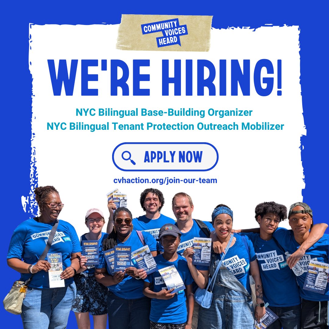 WE'RE HIRING! 🗣️

Open Positions:
➡️ NYC Bilingual Base-Building Organizer ($60-65K)
➡️ NYC Bilingual Tenant Protection Outreach Mobilizer ($50-60k)

Learn more &amp; apply at: cvhaction.org/join-our-team