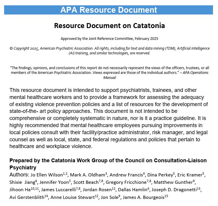 Mark Oldham (@markoldhammd) on Twitter photo I'm delighted that <a href="/APApsychiatric/">American Psychiatric Association</a> has sponsored its first Resource Document on #catatonia!
psychiatry.org/Psychiatrists/… I'm delighted that <a href="/APApsychiatric/">American Psychiatric Association</a> has sponsored its first Resource Document on #catatonia!
psychiatry.org/Psychiatrists/…