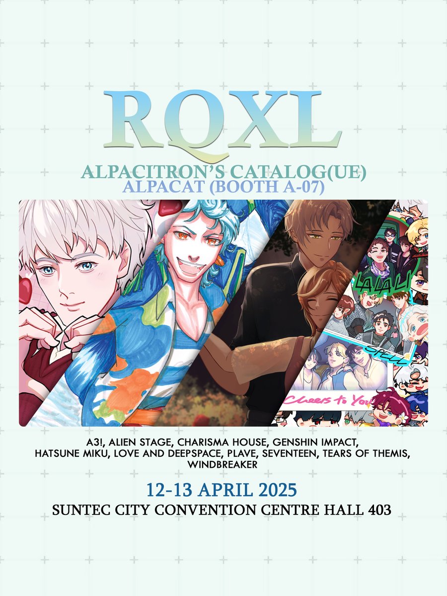 alpacitron's tweet photo. [rts appreciated!]  
rqxl catalogue!! i will be at A-07 come say hi!!!!!! 

→ A3! 
→ Alien Stage
→ Charisma House
→ Genshin Impact 
→ Love and Deepspace
→ Plave
→ Tears of Themis
→ Windbreaker
and more! 

Reservation form below v 

#renqianxile https://t.co/xfp6PCiPca