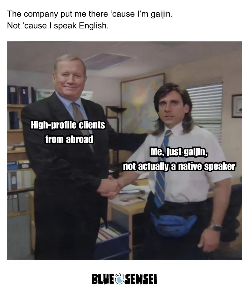 BlueEyeSensei's tweet photo. 🗿 Ever been put in front of clients just because you “look foreign”?
Not because of your language skills… but just your face.
It’s funny—until it’s not. 😅

✅ What’s going on here?
In Japan, being a “gaijin” (foreigner) sometimes brings unexpected perks…
or pressure.
Companies may assume your English is flawless—even if your TOEIC score says otherwise,
or you’re not even a native speaker!

💬 Ever had this happen to you?
Were you treated like a “language rep” just because of how you look?

📣 Share your story in the comments
or join the conversation in our Discord community!
You’re not alone—and we get it.
🔗https://t.co/7mDZQyn6U4

#LifeInJapan #GaijinLife #BlueEyeSensei #JapaneseWorkplace #外国人あるある