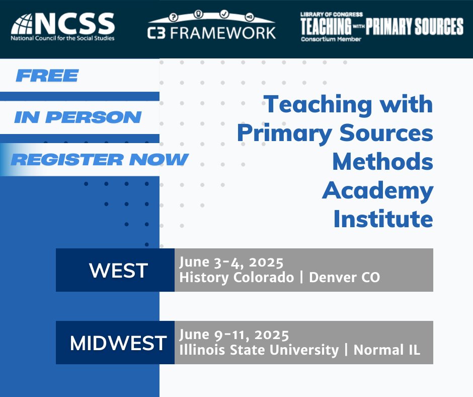 This free institute offers an in-depth experience in using primary sources to create meaningful social studies inquiries. Choose Normal IL or Denver CO as your event location &amp; register now: hubs.li/Q03fCNBp0 #professionallearning #edchat <a href="/educationISU/">Education at ISU</a> <a href="/MCEatDU/">Morgridge College</a>