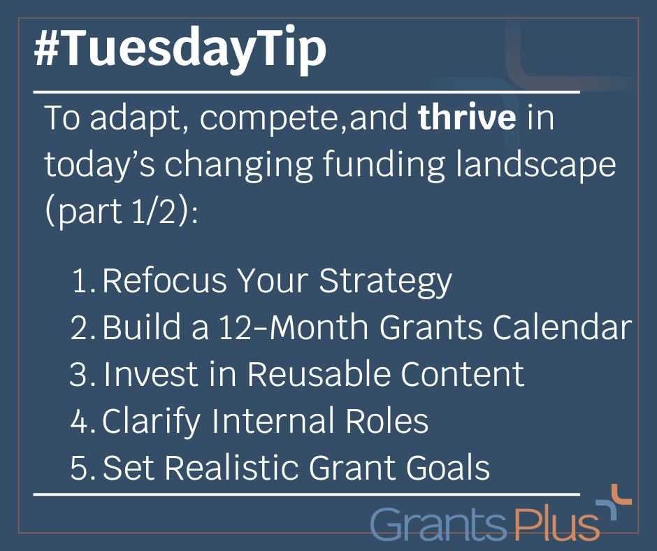 grantsplus's tweet photo. #TuesdayTip As nonprofits continue to face uncertainty, many wonder how to navigate the shifting grant landscape. Here are five practical strategies for nonprofits:

Learn more here: https://t.co/jQ7KhfJoVA

#GrantSupport #GrantSeeking #grantwritingexperts #fundraising https://t.co/fwPnTp4oWl