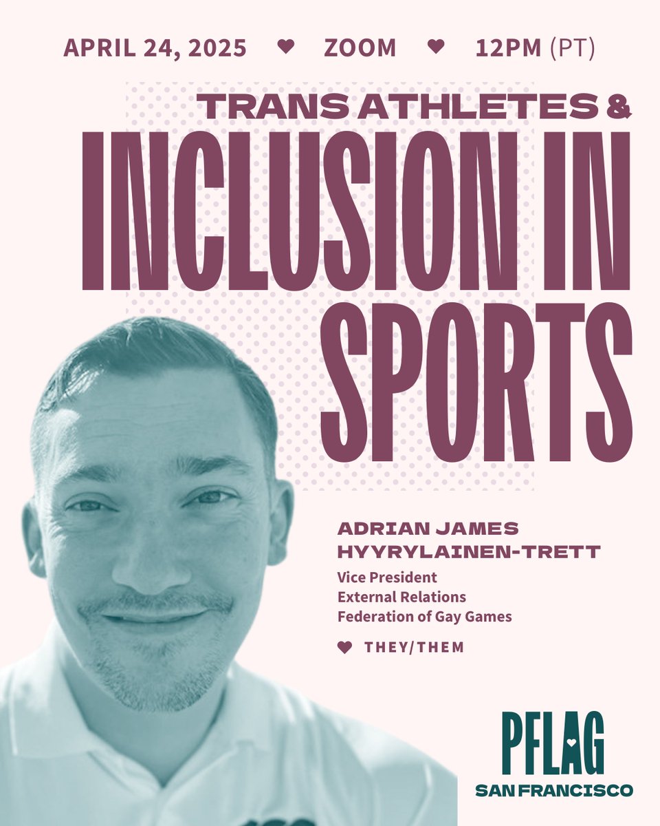 pflagsf's tweet photo. Join us on Thursday, April 24 at 12 PM PT for a virtual conversation with Adrian James Hyyrylainen-Trett, VP of External Relations for the Federation of Gay Games and the first nonbinary UK gold medalist.

#PFLAGSF #TransAthletes #LGBTQInSports #GayGames #PFLAGProud https://t.co/gVA8Tt8y6X