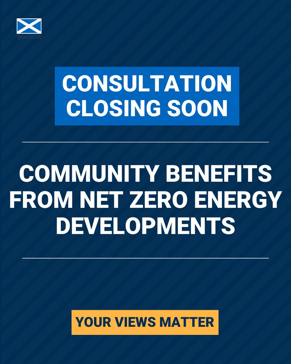 Consultation closing soon!

'Community benefits from net zero energy developments' closes on 11 April.

Find out more and respond to this consultation on Citizen Space: consult.gov.scot/offshore-wind-…

<a href="/scotgov/">Scottish Government</a> 
<a href="/ScotGovNetZero/">Net Zero Scotland</a>