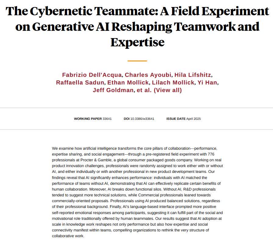 How artificial intelligence transforms performance, expertise sharing, and social engagement at Procter &amp; Gamble, from Fabrizio Dell'Acqua, <a href="/charles_ayoubi/">Charles Ayoubi</a>, Hila Lifshitz, <a href="/raffasadun/">Raffaella Sadun</a>, Ethan Mollick, Lilach Mollick, Yi Han, Jeff Goldman, Hari Nair, Stewart Taub, and Karim Lakhani