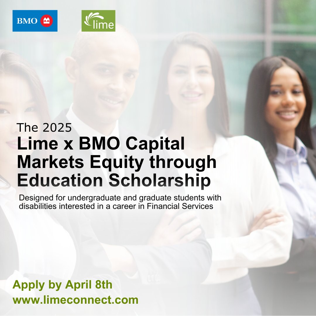 Lime Connect is pleased to be an Equity Through Education partner of BMO Capital Markets to provide scholarships for students with disabilities. 

🗓️To register, log in to the Lime Platform by midnight.
limeconnect.com/awards/bmo_cap…