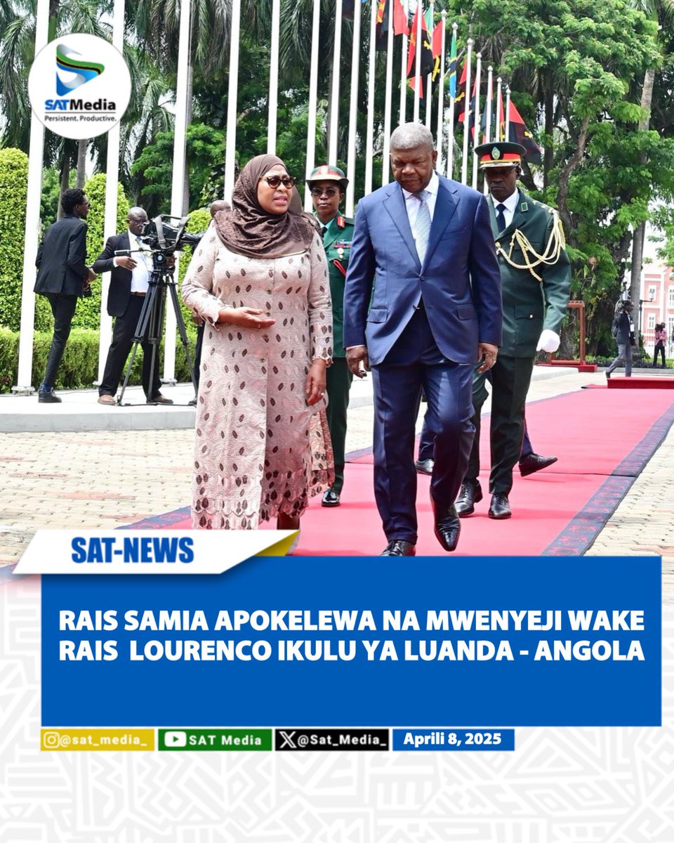 Sat_Media_'s tweet photo. Rais wa Jamhuri ya Muungano wa Tanzania, Mhe. Dkt. Samia Suluhu Hassan akipokelewa na mwenyeji wake Rais wa Jamhuri ya Angola Mhe. Mhe. João Manuel Gonçalves Lourenço mara baada ya kuwasili katika Ikulu ya Luanda nchini Angola tarehe 08 Aprili, 2025.
#SatMediaUpdates #angola https://t.co/7YNWzS0UnH
