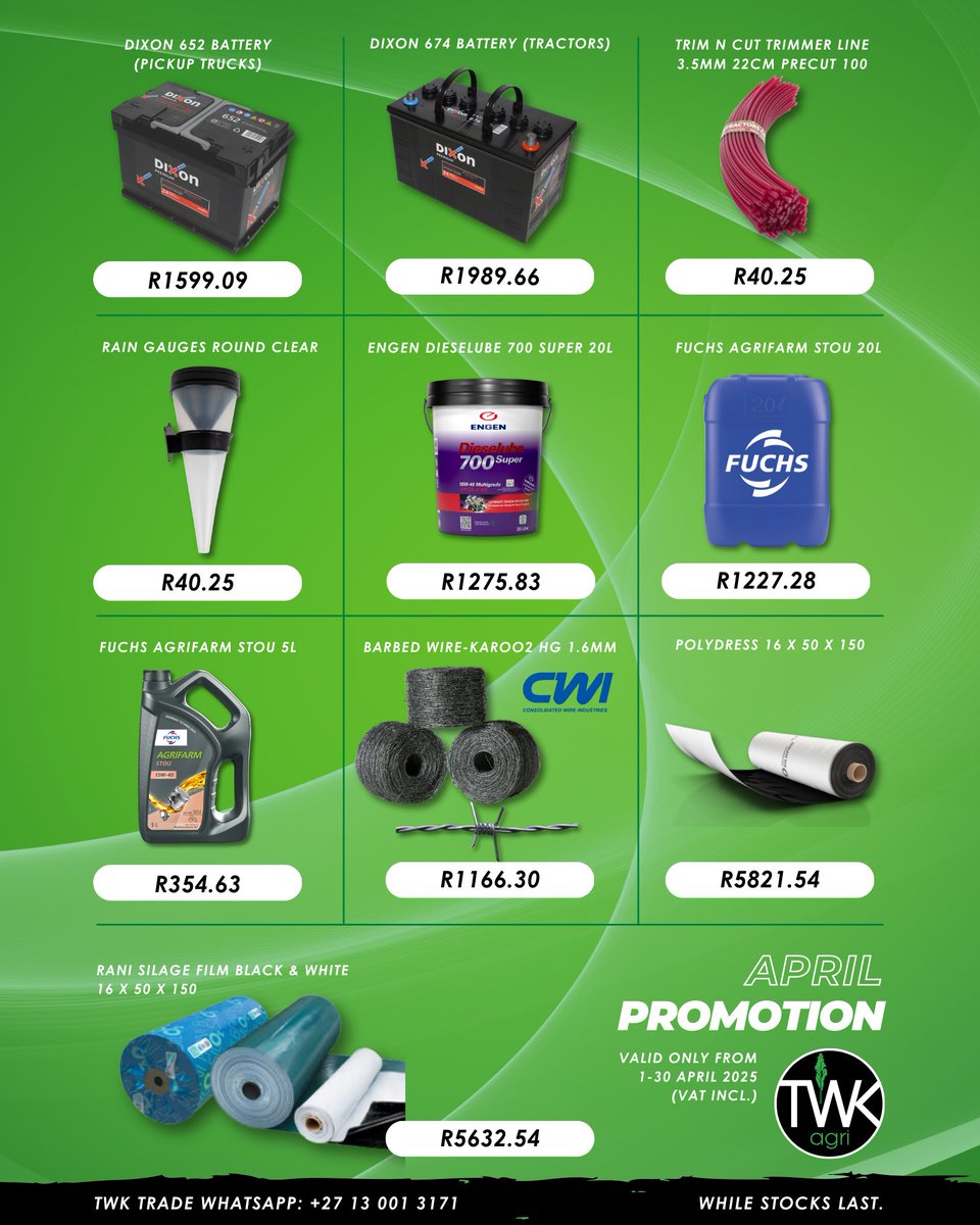 🌱 APRIL PROMOTION ALERT! 🌱
From pet food to farming essentials, TWK Trade has unbeatable deals running from 1–30 April 2025 (VAT incl.)!

#TWKTrade #AprilDeals #AgriPromotion #FarmingEssentials #PetCare #LivestockHealth #SilageFilm #Batteries #FarmSmart