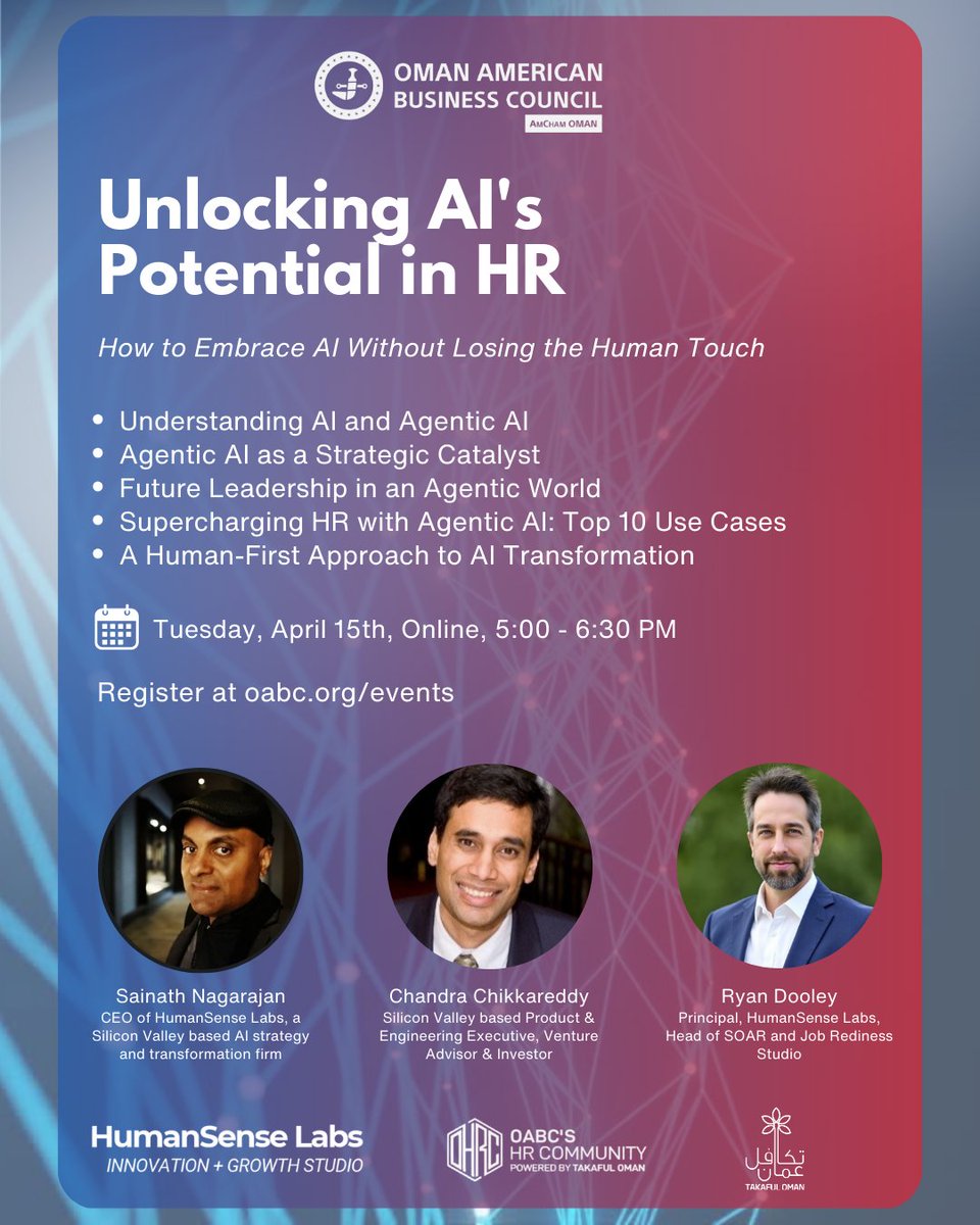 amchamoman's tweet photo. Discover how to unlock the power of Human + AI in HR at our upcoming webinar, featuring top Silicon Valley experts. Learn how Agentic AI can elevate your HR strategy—without losing the human touch. https://t.co/93Ed1LmgtQ