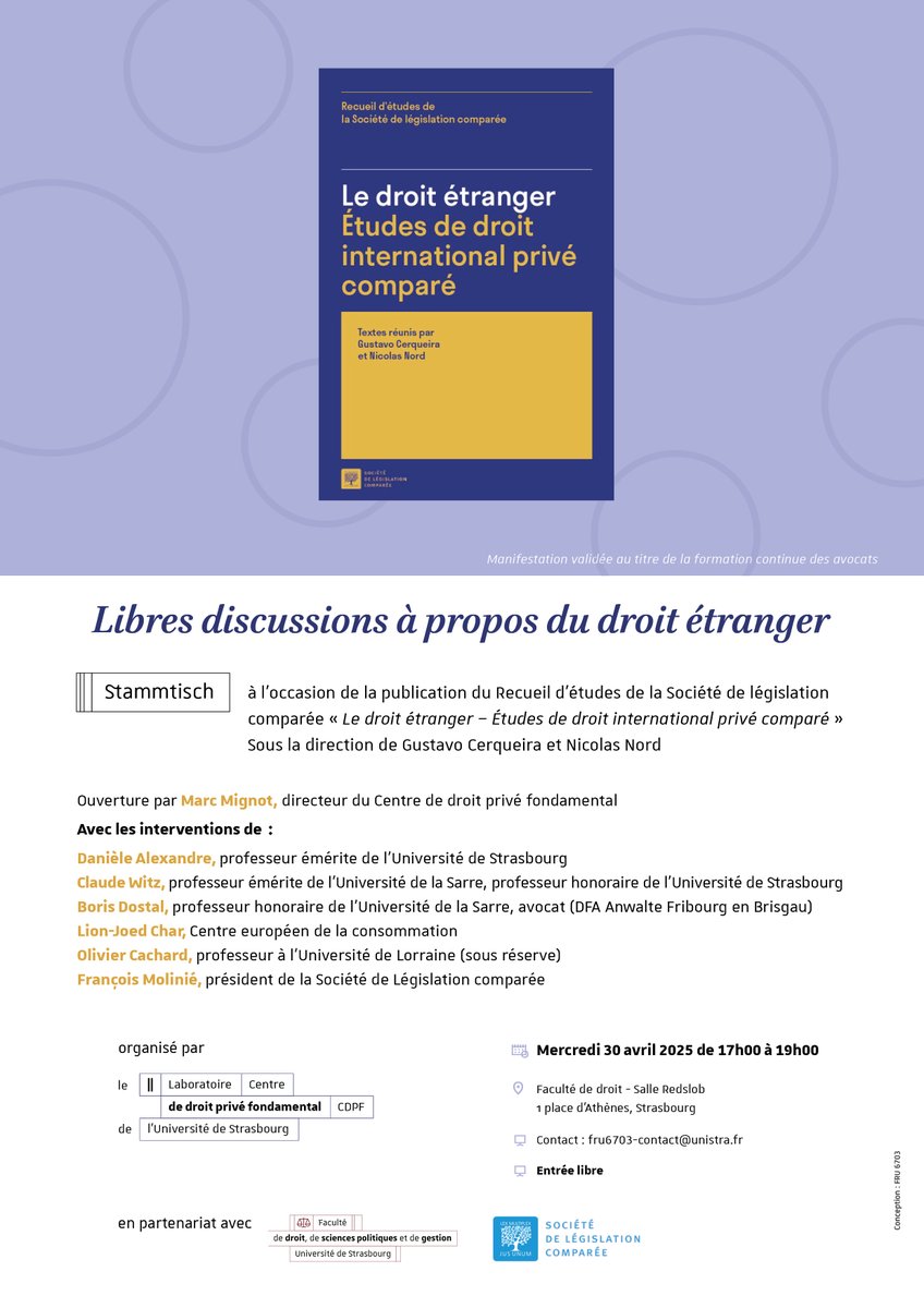 Gustavo Cerqueira (@gus_cerqueira) on Twitter photo À l’occasion de la récente publication, aux éditions de la <a href="/legiscompare/">Société de législation comparée</a>, du coffret dédié au droit étranger (lnkd.in/g9XbG-6K), le centre de droit privé fondamental de l’université de Strasbourg organise une soirée de droit international privé le 30 avril prochain, à 17h. À l’occasion de la récente publication, aux éditions de la <a href="/legiscompare/">Société de législation comparée</a>, du coffret dédié au droit étranger (lnkd.in/g9XbG-6K), le centre de droit privé fondamental de l’université de Strasbourg organise une soirée de droit international privé le 30 avril prochain, à 17h.