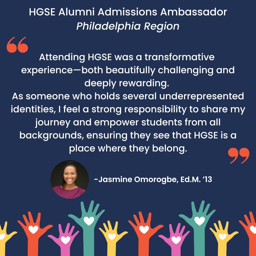 hgse_alumni's tweet image. Our next #NationalVolunteerMonth spotlight is Jasmine Omorogbe, Ed.M. &apos;13! Jasmine serves as an Alumni Admissions Ambassador for the Philadelphia region. #hgse #hgsealumni #harvardeducation @harvardeducation