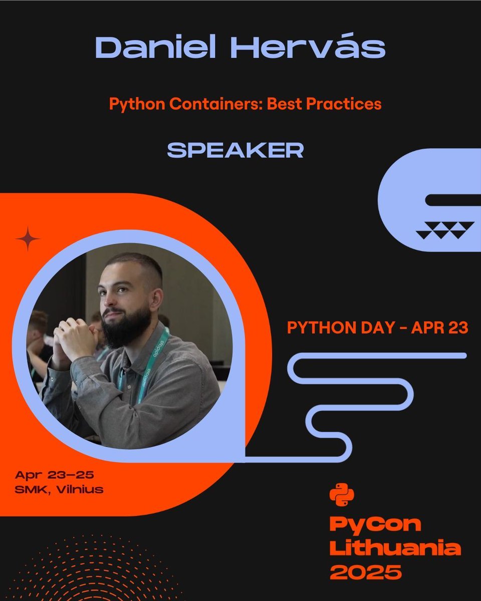 You know that feeling when #PyConLT2025 is just around the corner? 🚀 Only a few weeks left until Python Day (Apr 23)!

🔹 Daniel Hervas – Python Containers: Best Practices
🔹 David Andersson &amp; Javier de la Puente – Deploying Flask on Kubernetes
🔹 Theresa Seyram Agbenyegah