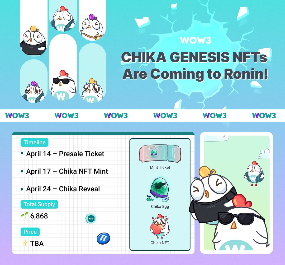 YEYEmeta 🥲 | KIND (@yeyemeta) on Twitter photo 🐔 20 Chika GTD WL GIVEAWAY🐔
STEPS:
-Follow <a href="/WOW3_Official/">WOW3 - Ronin Portfolio Tracker</a> & <a href="/YEYEmeta/">YEYEmeta 🥲 | KIND</a>
-Like & Repost
-Tag 2 fwens
-Comment your Ronin Wallet Address
Winners in 3 days
Mint Date: April 17th
Mint Price: 20 Ron 🐔 20 Chika GTD WL GIVEAWAY🐔
STEPS:
-Follow <a href="/WOW3_Official/">WOW3 - Ronin Portfolio Tracker</a> & <a href="/YEYEmeta/">YEYEmeta 🥲 | KIND</a>
-Like & Repost
-Tag 2 fwens
-Comment your Ronin Wallet Address
Winners in 3 days
Mint Date: April 17th
Mint Price: 20 Ron