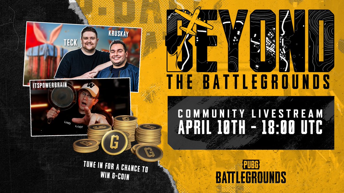 This Thursday, Beyond the Battlegrounds returns! Join @Kruskay, <a href="/PUBG_TecK/">Dorian</a> and <a href="/ItsPowerBrain/">PowerBrain 🧠</a> and take part in this week's Custom Games! They'll be a whole load of laughs with plenty of G-Coin to be won, we hope to see you there! 

📅 April 10 @ 18:00 UTC
📺 /PUBG_BATTLEGROUNDS