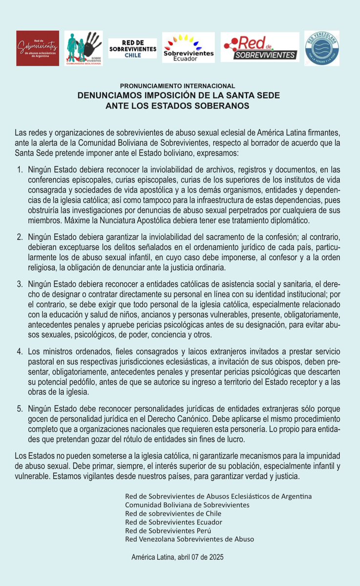 Desde la red venezolana, nos oponemos rotundamente al intento de la diplomacia de Santa Sede de imponer su modelo permanente impunidad ante los casos de abuso en el hermano país de Bolivia. De esta forma nos unimos al resto de Redes latinoamericanas unidas ante el poder abusivo.