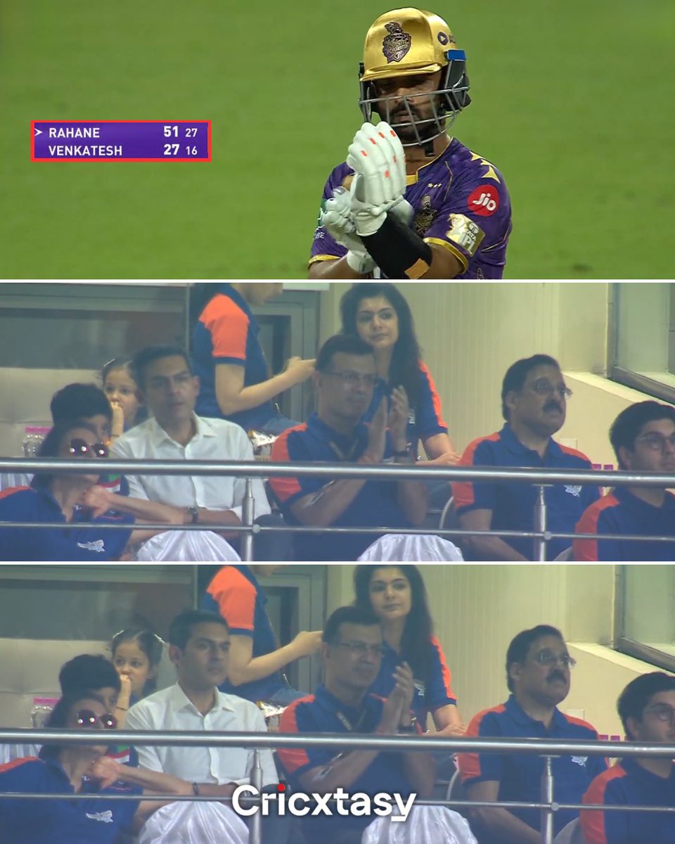 CricXtasy's tweet photo. Even LSG owner in applauding the knock 👏 👏👏👏
Ajinkya Rahane smashes his 50th half-century in T20 Cricket in style. 🫡
#KKRvLSG https://t.co/CW3RhLHLra