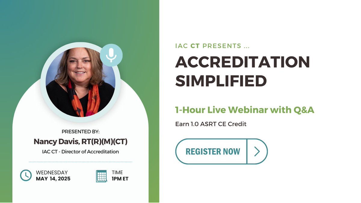 There's still time to register! Join us at 1PM ET on 5/14/2025 for IAC CT: Accreditation Simplified. Registered participants earn 1.0 <a href="/ASRT/">ASRT</a> CE credit! Register &gt;&gt; intersocietal.org/webinars/ct-we…
