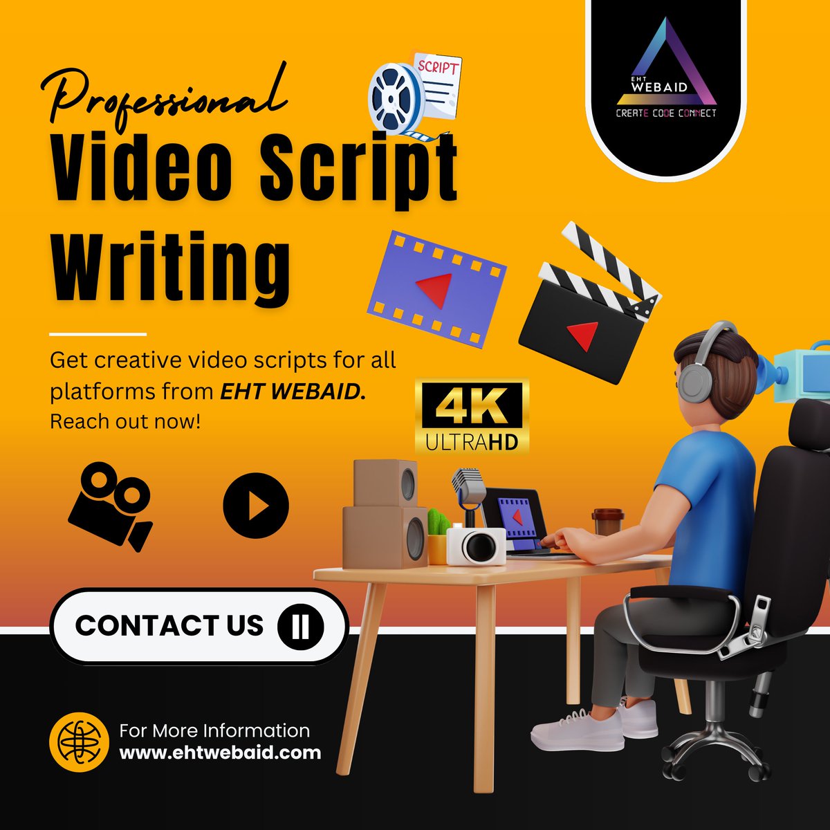 ehtwebaid's tweet image. Let your story shine bright on screen with a creative 🎥#VideoScript.✍️ EHT WEBAID is here to tell your story convincingly with a video script that not only grabs attention but enhances the user’s experience. Let’s come together to take your story to the audience!🎬

#Video