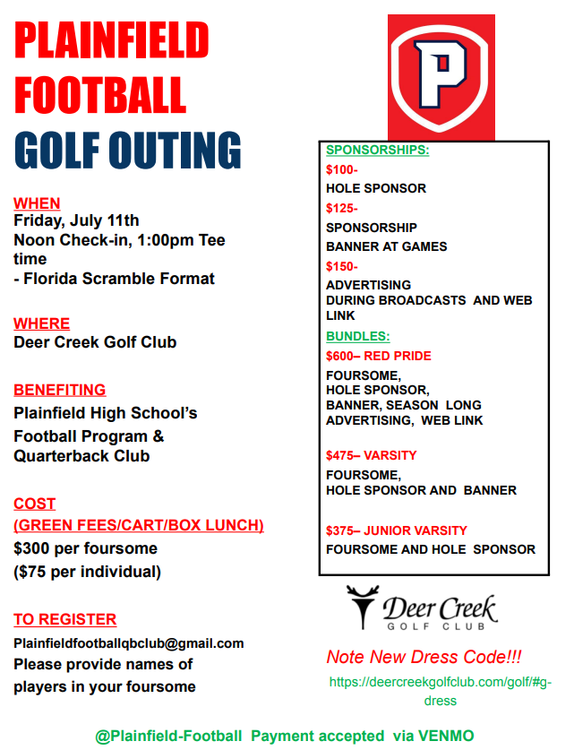 SAVE THE DATE for this year's Plainfield QB Club Golf Outing!!!

⛳️🏌️🏈🟥⬜️🟦