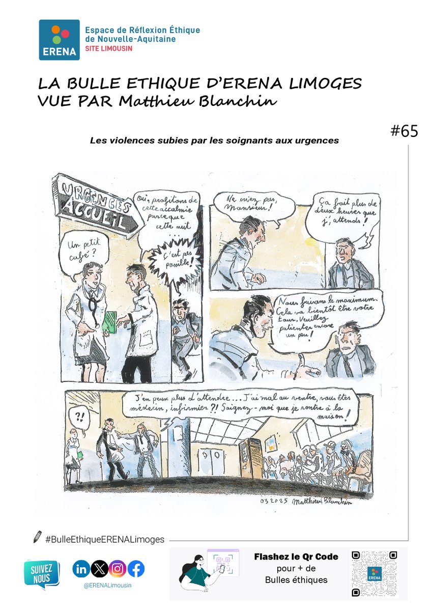 La violence aux urgences soulève des questions éthiques sur la sécurité et le soin des patients d’#ERENAsiteLimousin a voulu abordé dans sa nouvelle bulle éthique vue par Matthieu Blanchin
👉 b.link/a5ryippm
<a href="/ARS_NAquit/">ARS Nouvelle-Aquitaine</a>  <a href="/ErenaBordeaux/">Espace Éthique ERENA Bordeaux</a>