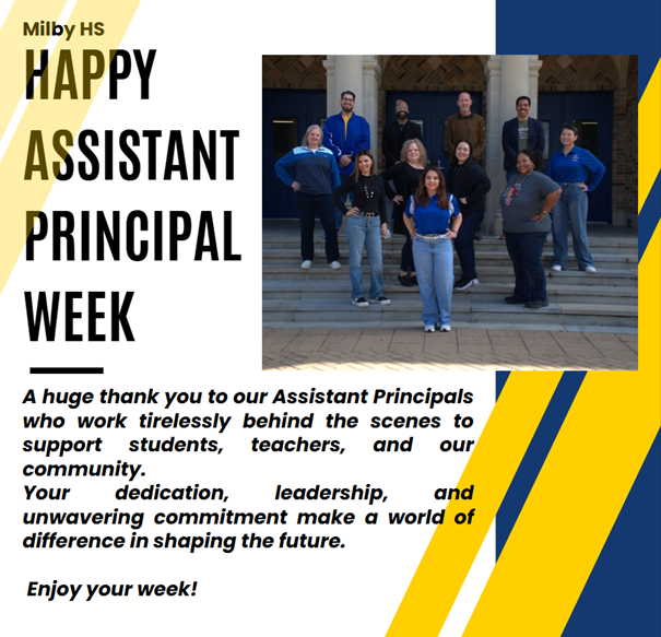 Charles Milby High School (@milby_hs) on Twitter photo Happy National Assistant Principals Week!
A heartfelt thank you to our assistant principals for the incredible work they do every day to support students, teachers, and the entire school! Thank you for all that you do! #weloveyouandwemeanit Happy National Assistant Principals Week!
A heartfelt thank you to our assistant principals for the incredible work they do every day to support students, teachers, and the entire school! Thank you for all that you do! #weloveyouandwemeanit