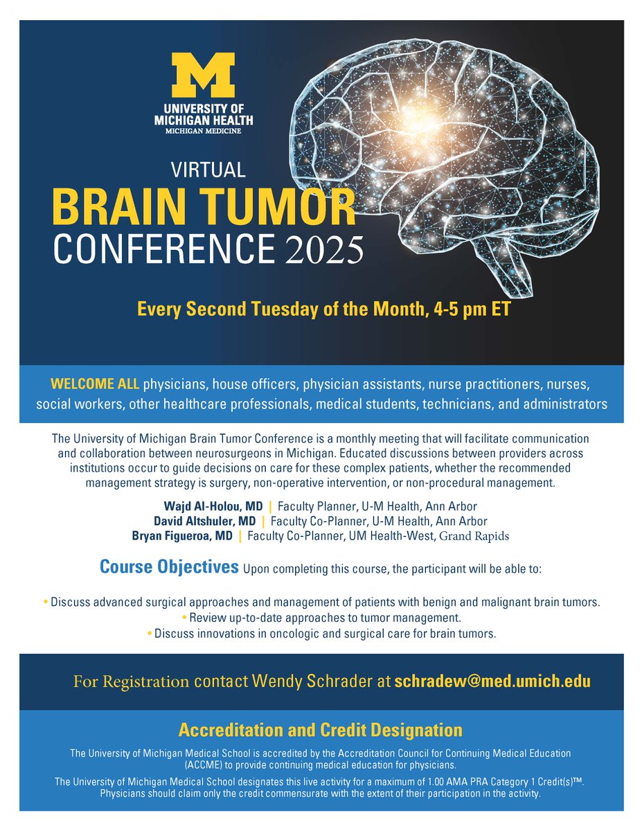 Michigan Neurosurgery (@umichneuro) on Twitter photo Join us #Today for our monthly virtual brain tumor conference at 4 pm ET. #Michigan #Neurosurgery register for free by emailing schradew@med.umich.edu Join us #Today for our monthly virtual brain tumor conference at 4 pm ET. #Michigan #Neurosurgery register for free by emailing schradew@med.umich.edu