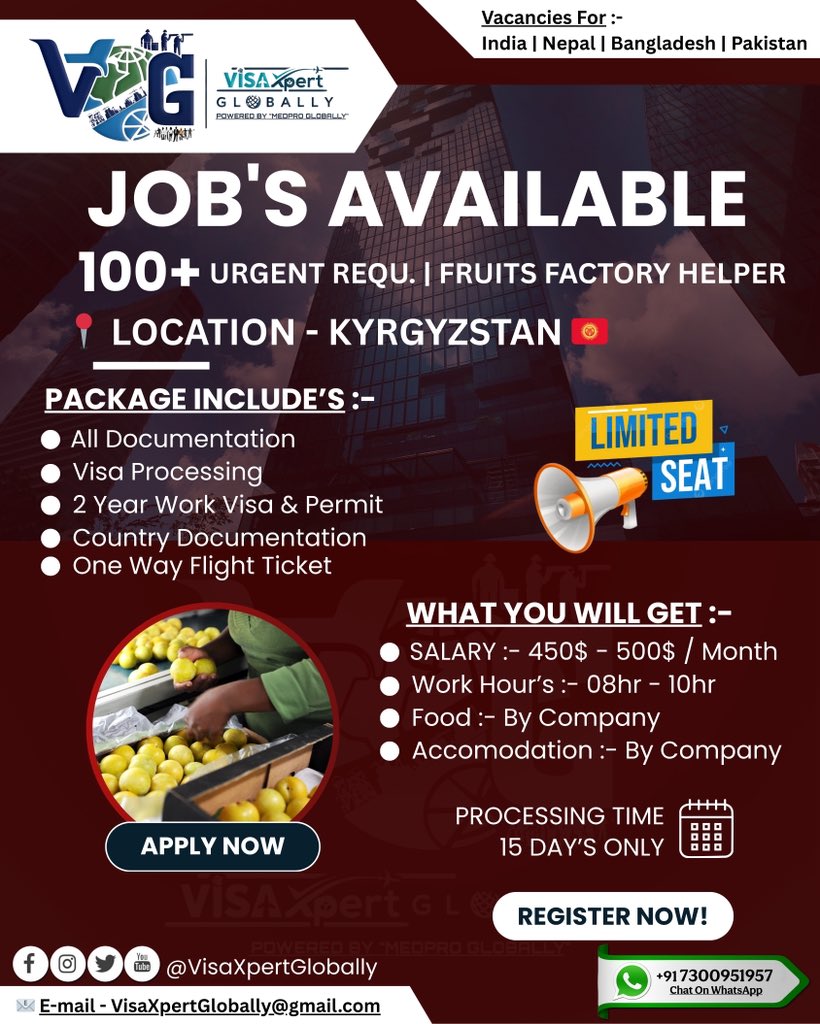 VisaXpertGlobal's tweet photo. Exciting Job opportunities! ✨🌍
@VisaXpertGlobal is hiring from India 🇮🇳, Nepal 🇳🇵, Bangladesh 🇧🇩, and Pakistan 🇵🇰! 

🔥 Enjoy HIGH SALARY, FREE accommodation &amp; food! 💰 

Build your rewarding career abroad! 🌟✈️ DM for details or WhatsApp:- +91 7300951957! 

#VisaXpertGlobally https://t.co/eDVq1rAIbJ