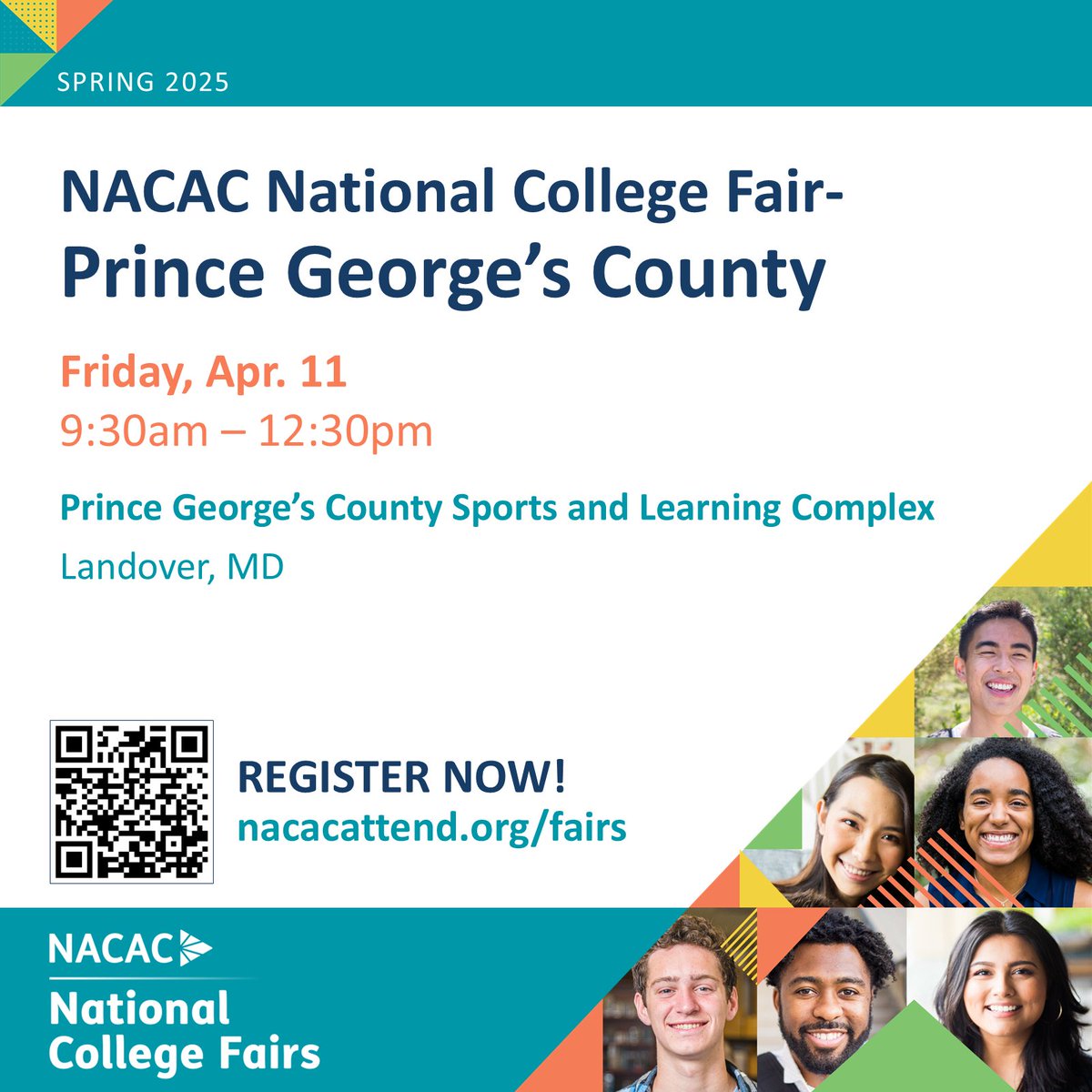 NACACFairs's tweet image. Join us on Apr. 11 at the Prince George&apos;s County Sports and Learning Complex in Landover, MD. 
Attendee registration: ow.ly/xWg450TeCns
Exhibitor registration: ow.ly/8vtM50V81UU
#collegefairs #highered #collegeaccess #NACAC