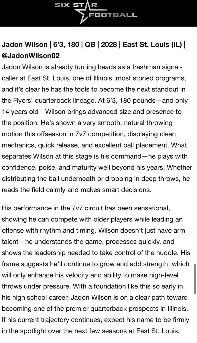 Jadon Wilson (@jadonwilson02) on Twitter photo Thank you to <a href="/sixstarfootball/">Six Star Football | PLUS+</a> for the write up. Really means a lot to be recognized amongst my peers. sixstarfootball.com/article/climbi…
<a href="/DarrenSunkett/">Coach Sunk</a> @nelly_mizL4C <a href="/CochBG4/">Brandon Gregory</a> <a href="/CoachTDismukes/">Trevor Dismukes</a> <a href="/_CoachQue5/">_CoachQue</a> <a href="/hamitchom/">Coach Mitchom</a> <a href="/tfenton314/">Coach Terry Fenton</a> <a href="/CoachDreESL/">DeDre Ramsey</a> <a href="/ycliff58/">Cliff Young</a> <a href="/CoachRodFelton/">Coach ROD Felton</a> <a href="/Football_Flyers/">Esl FlyersFootball</a> Thank you to <a href="/sixstarfootball/">Six Star Football | PLUS+</a> for the write up. Really means a lot to be recognized amongst my peers. sixstarfootball.com/article/climbi…
<a href="/DarrenSunkett/">Coach Sunk</a> @nelly_mizL4C <a href="/CochBG4/">Brandon Gregory</a> <a href="/CoachTDismukes/">Trevor Dismukes</a> <a href="/_CoachQue5/">_CoachQue</a> <a href="/hamitchom/">Coach Mitchom</a> <a href="/tfenton314/">Coach Terry Fenton</a> <a href="/CoachDreESL/">DeDre Ramsey</a> <a href="/ycliff58/">Cliff Young</a> <a href="/CoachRodFelton/">Coach ROD Felton</a> <a href="/Football_Flyers/">Esl FlyersFootball</a>