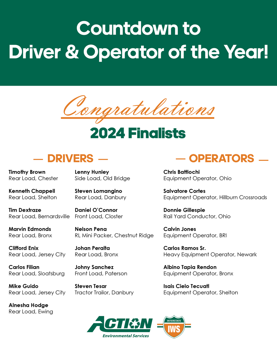 InterstateWaste's tweet photo. We are counting down to our Driver & Operator of the Year event this Saturday! Let’s celebrate & congratulate them!
#DriverOfTheYear #OperatorOfTheYear #SafetyDriven #SanitationStrong #Congratulations #InterstateWaste #InterstateWasteServices #ActionEnvironmental #ActionCarting https://t.co/KNnnyDd0y5