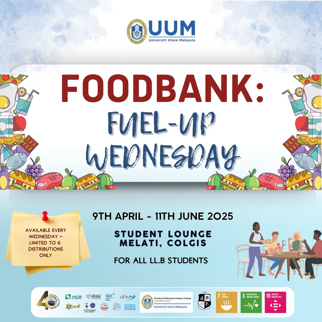 UUMLawSoc's tweet photo. [FOODBANK : FUEL-UP WEDNESDAY]

Greetings from the 21st Law Students' Society!

Understanding the challenges faced by students, particularly in accessing adequate nutrition, the EXCO Welfare and Human Development proudly presents Foodbank: Fuel-Up Wednesday. https://t.co/EZte3LG6Iq