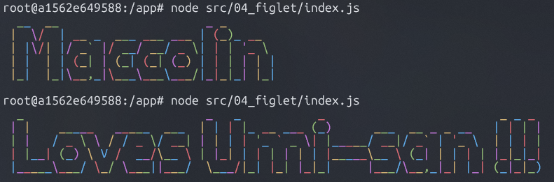 macco_lin's tweet image. #Udemy #WebDeveloperBootcamp Day42！
npmパッケージ&quot;figlet&quot;と&quot;colors&quot;をインストールして遊ぶ学習～♪
この画像ほぼコードコピペでできちゃうんですよっ…！
基本的なパッケージの使い方が良く分かりました◎
#プログラミング学習 #nodejs