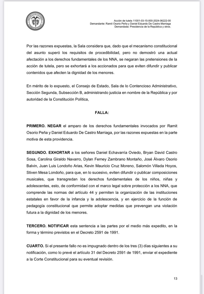 UltimaHoraCR's tweet photo. #ATENCIÓN El @ConsejodeEstado declara que la canción de reguetón “+57” vulneró los derechos de los niños, niñas y adolescentes. 

La corporación asegura si bien la letra fue modificada,  la expresión “mamacita desde los fourteen” afectó su dignidad humana al hacer insinuaciones de índole sexual. 

La Corte pide a los artistas creadores de esta canción a abstenerse de difundir o publicar composiciones que vulneren los derechos fundamentales de los niñas, niños y adolescecentes. 

Vía @ClaudiaCamilaV
