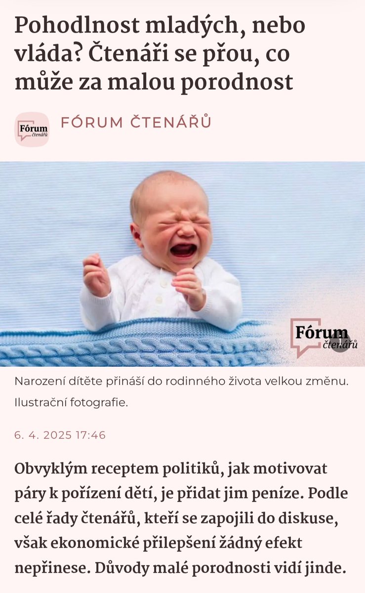 Tady jde přece o celkové nastavení podmínek v této zemi. Vyžít z průměrné mateřské a rodičovské v dnešní době je složité. Když musíte platit hypotéku, drahé energie, spořit si na důchod, hledat složitě školku a navíc vás vláda @p_fiala straší školným a zpoplatněním zdravotnictví.