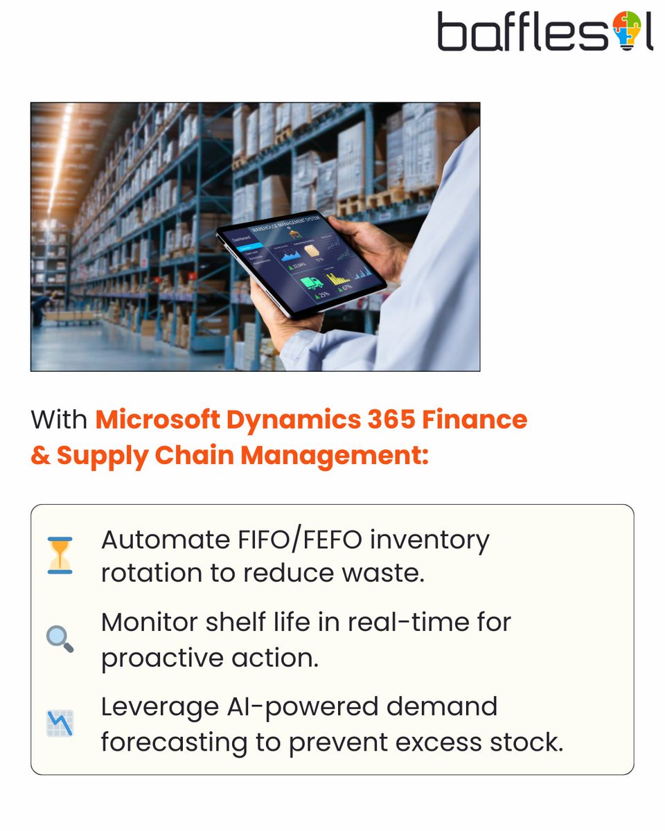 BaffleSol's tweet image. Managing perishable inventory? Dynamics 365 automates FIFO/FEFO, tracks shelf-life in real time, and uses AI to forecast demand—cutting waste and boosting profits. Stay compliant, efficient, and in control with Dynamics 356
📩 sales@bafflesol.com
#Dynamics365 #SmartInventory #ERP