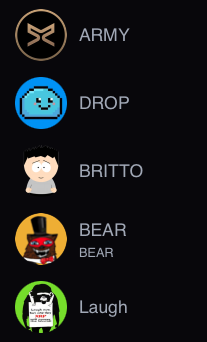 My Top 5 XRP Meme holdings.

They are all only iconic in there own right.

The also have die hard strong
teams &amp; communities, who will build like 
crazy over the next years. 

No shit Sol cabal coins in this portfolio.

$ARMY
$DROP
$BRITTO
$BEAR
$LAUNGH

<a href="/ARMY_XRP589/">$ARMY</a>