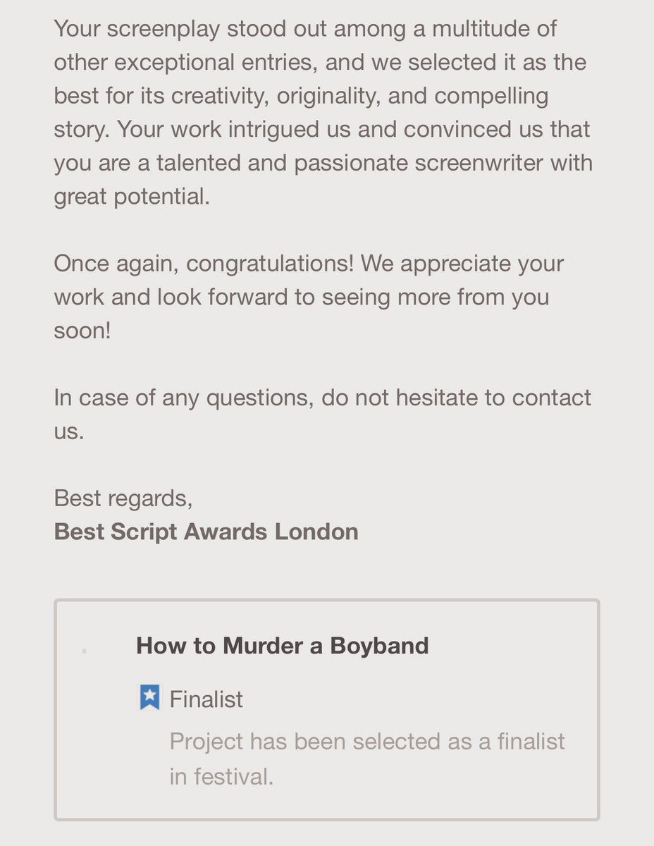 BoybandMurder's tweet photo. Thank you #honoured 

HOW TO MURDER A BOYBAND is a FINALIST in the #LondonBestScriptAwards

https://t.co/8HrqxCBAnh

@UnitedAgents @SignatureEntUK @Lionsgate @AnnapurnaPics @FocusFeatures @CJENT_USA @ReelOneEnt @aA24 @AmazonMGMStudio @neonrated @MagnoliaPics @STXfilms https://t.co/AEDF1hP3lf