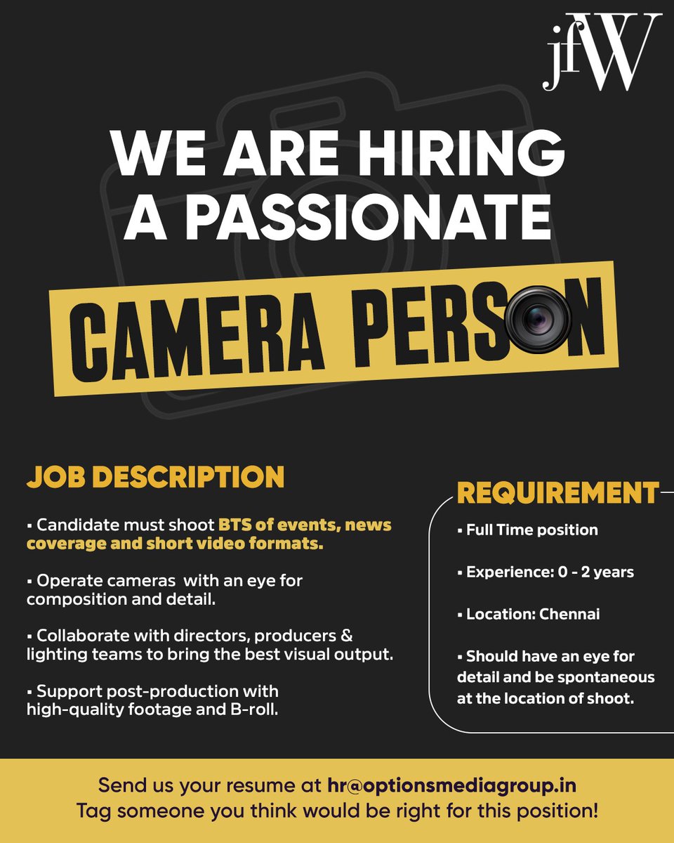 jfwdigital's tweet photo. We're hiring! Here's your chance to be a part of the JFW team.
#applynow #hiringpost #hiring #camera #cameraperson #cameraman #workforus #hiringchennai #chennai #jfw #requirements https://t.co/M6FgTVIgTK