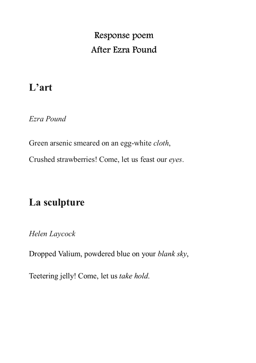 helen_laycock's tweet photo. Short of time for @TopTweetTuesday, so I went with Ezra Pound’s 'L’Art', a two-liner, but with plenty of scope for discussion. Hope mine instigates that, too!
Have a great day hosting, @DanielGHinds.

#imagism #responsepoetry https://t.co/zsnJMrK4yD