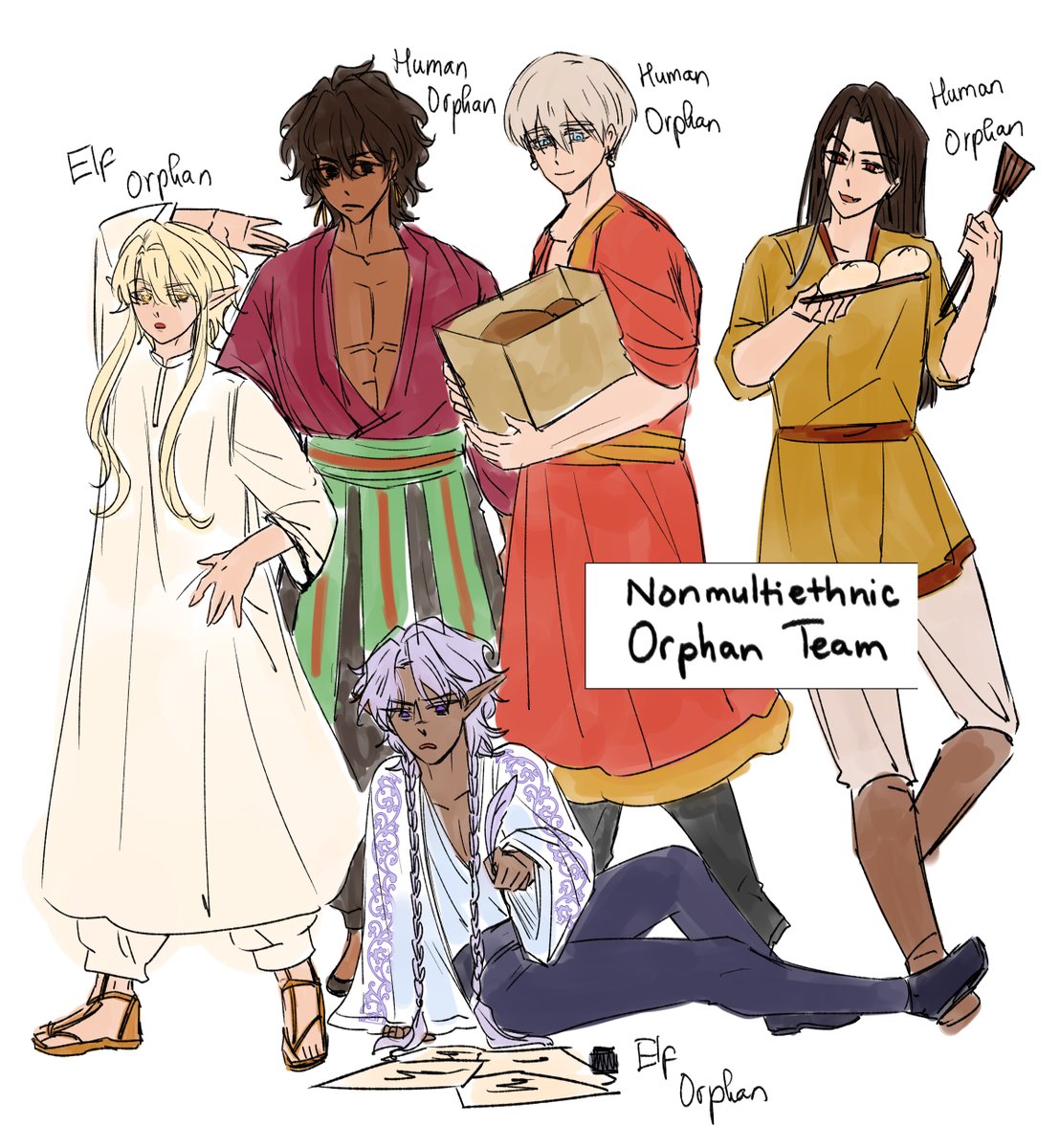 MyihaDan's tweet photo. People said if you play DnD and choose the human race, you're tasteless. My team has 3 humans and 2 elves :^) and they're a moving orphanage.
My new webtoon including the orphan team as the main characters, will be published on 12/4!!! 
#webtoon #fantasy #dnd #art https://t.co/nJstMYMTln