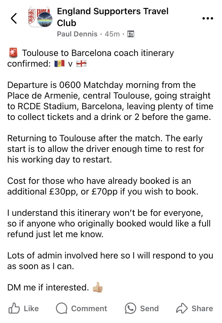 PaulDennis1234's tweet photo. Affordable travel options for any England fans yet to finalise plans for Andorra away in June. https://t.co/pOrEqgFYVW