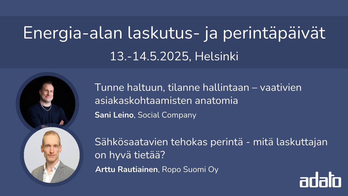 Energia-alan laskutus- ja perintäpäivät on ainoa tilaisuus, jossa pureudutaan nimenomaan energia-alalla toimivien yritysten laskutusta ja perintää koskeviin erityiskysymyksiin.

Ohjelma &amp; ilmoittautuminen👇
koulutuskalenteri.adato.fi/Default.aspx?t…