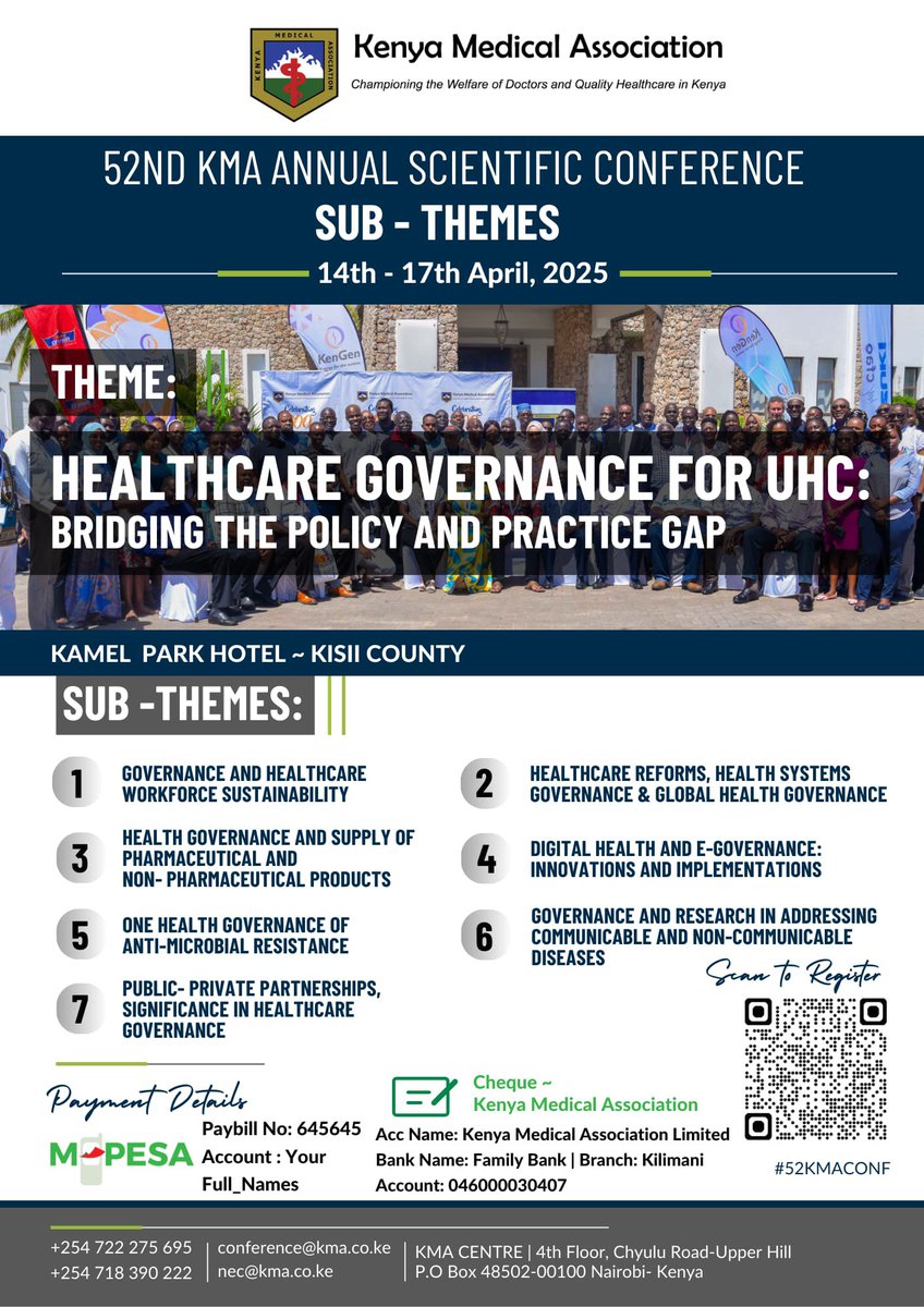 The Kenyan Gyne (#HealthServiceCommission) (@simonkigondu) on Twitter photo HEALTHCARE GOVERNANCE FOR UHC: BRIDGING THE POLICY & PRACTICE GAP
The 52nd <a href="/KenyaMedics_KMA/">Kenya Medical Association</a> Annual Scientific Conference will take place next week April 14th to 16th 2025, at <a href="/KamelParkHtl/">Kamel Park Hotel</a> Kisii.
This yearâs theme is extremely relevant in the prevailing healthcare space - HEALTHCARE GOVERNANCE FOR UHC: BRIDGING THE POLICY & PRACTICE GAP
The 52nd <a href="/KenyaMedics_KMA/">Kenya Medical Association</a> Annual Scientific Conference will take place next week April 14th to 16th 2025, at <a href="/KamelParkHtl/">Kamel Park Hotel</a> Kisii.
This yearâs theme is extremely relevant in the prevailing healthcare space -