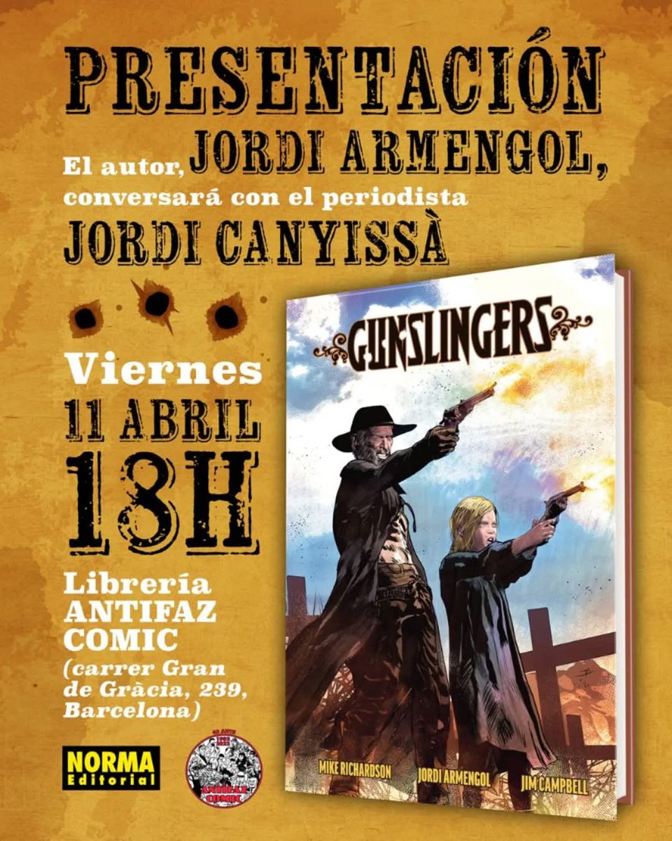Aquest proper divendres 11 d'Abril tenim la presentació de 'Gunslingers' de <a href="/NormaEditorial/">Norma Editorial</a> amb la presència de Jordi Armengol i presentat per <a href="/canyissa/">Jordi Canyissà</a> .

Us esperem!
