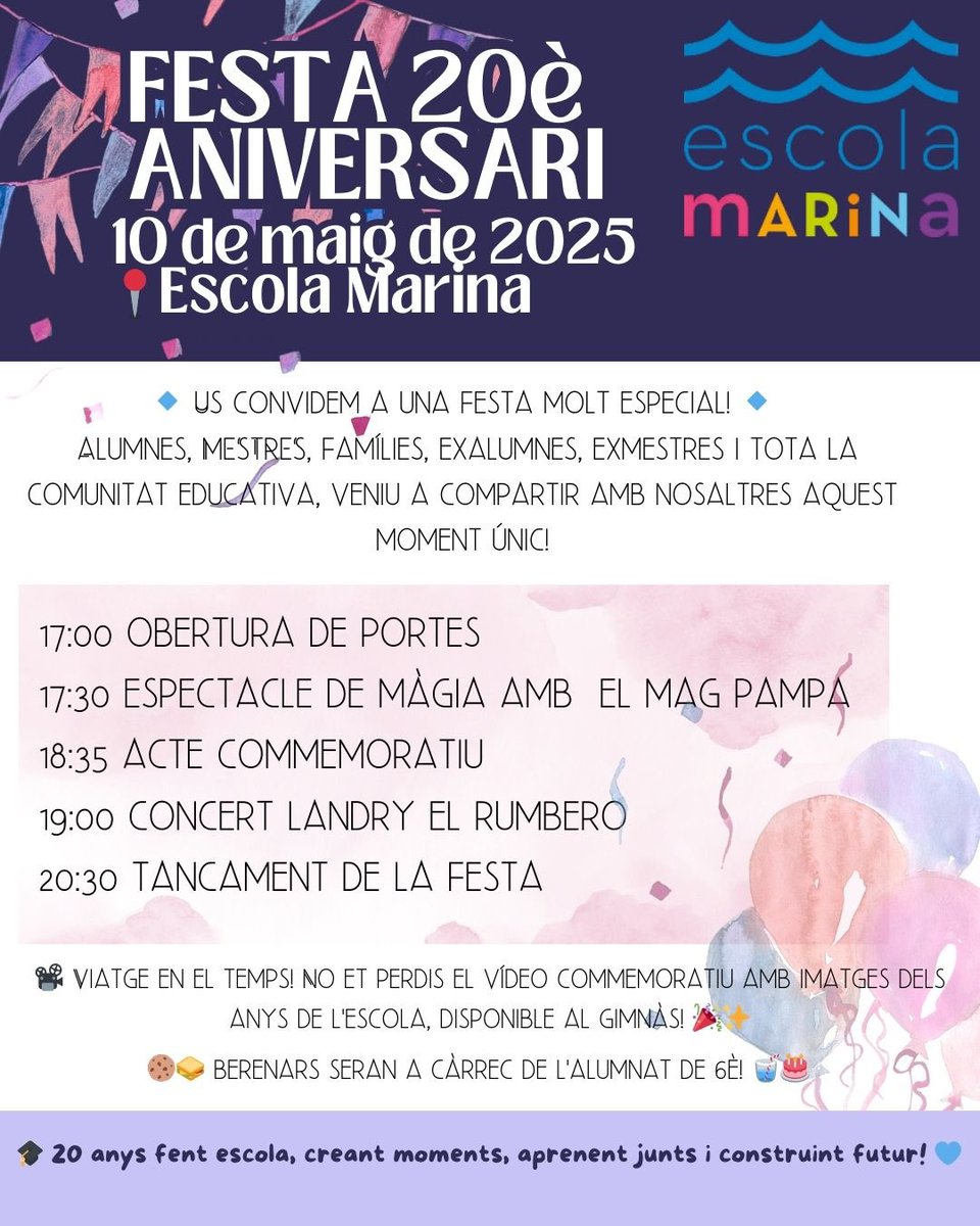 🎉 Celebrem 20 anys d'Escola Marina!
📅 10 de maig | ⏰ 17 h
🎩 Mag Pampa, 🎤 Landry el Rumbero, 🍪 berenars i més!
📍 Escola Marina de Montgat
T’hi apuntes? 💙
#20AnysEscolaMarina #Montgat
